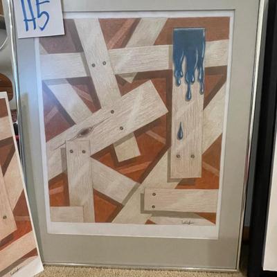 H5-Foam Board and framed abstract Blue wood drip
