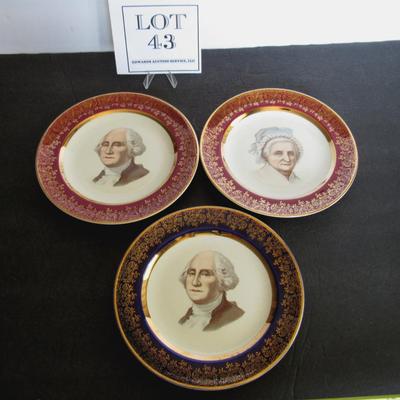Lot of 3 Antique George and Martha Washington Plates, Capsco, Washington DC, 22K