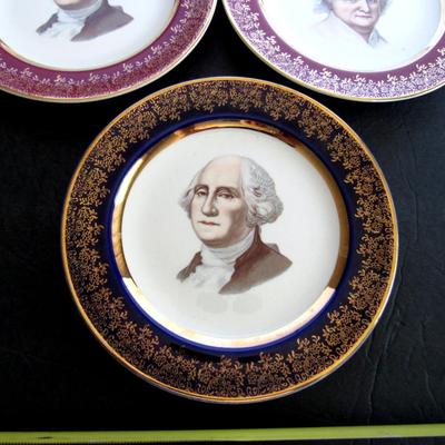 Lot of 3 Antique George and Martha Washington Plates, Capsco, Washington DC, 22K