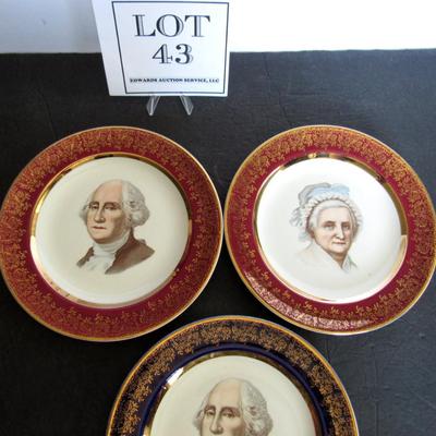 Lot of 3 Antique George and Martha Washington Plates, Capsco, Washington DC, 22K