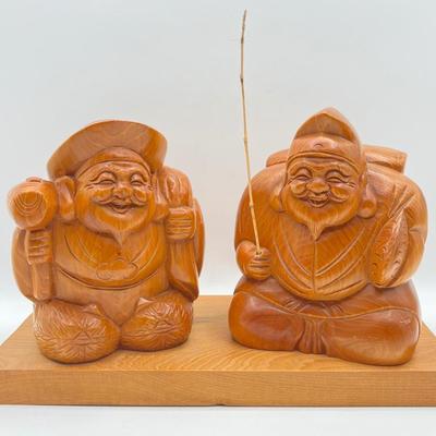 Vtg. Pair (2) Japanese Hand Carved Wooden Statues ~ (7 Lucky Gods) Ebisu & Daikoku