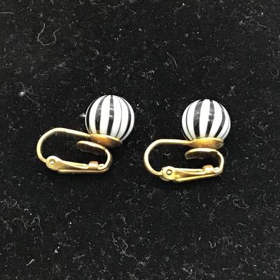 Vintage black and white striped clip on earrings