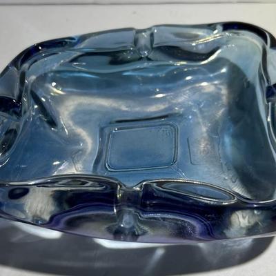 Vintage Blue Art Glass Ashtray 6" x 5" in Good Preowned Condition as Pictured.