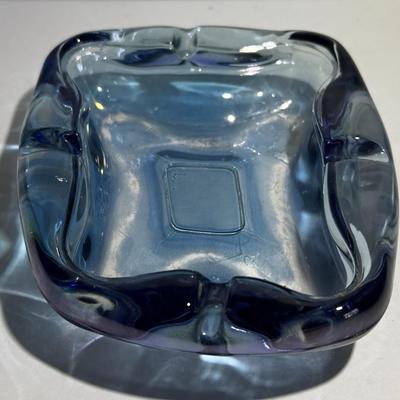 Vintage Blue Art Glass Ashtray 6" x 5" in Good Preowned Condition as Pictured.
