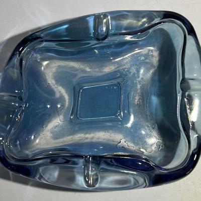 Vintage Blue Art Glass Ashtray 6" x 5" in Good Preowned Condition as Pictured.