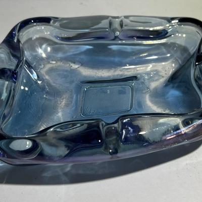 Vintage Blue Art Glass Ashtray 6" x 5" in Good Preowned Condition as Pictured.