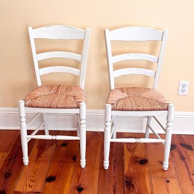 Pair (2) White Distressed Rush Seat Chairs ~ Made In Italy