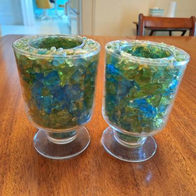 2 Blue/green sea glass candle holders