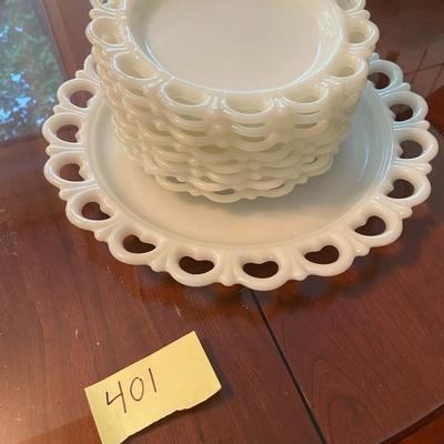 Vintage Open-Lace Milk Glass Snack Plates and Serving Plate
