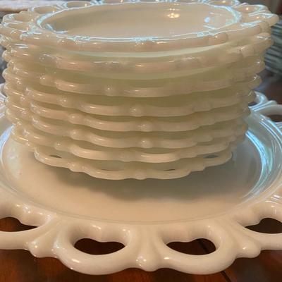 Vintage Open-Lace Milk Glass Snack Plates and Serving Plate