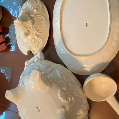 Baroque Style Milk Glass Soup Tureen, Serving Dish, and Ladle