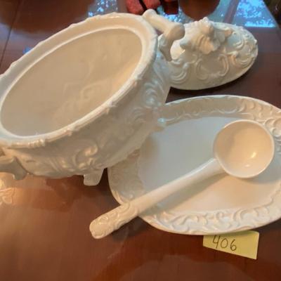 Baroque Style Milk Glass Soup Tureen, Serving Dish, and Ladle