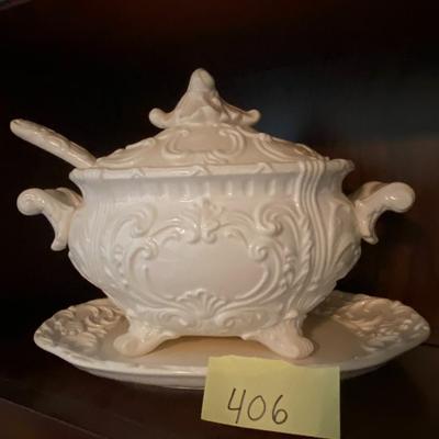 Baroque Style Milk Glass Soup Tureen, Serving Dish, and Ladle