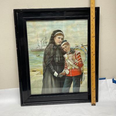 Framed Print Woman with young man dressed in military uniform
