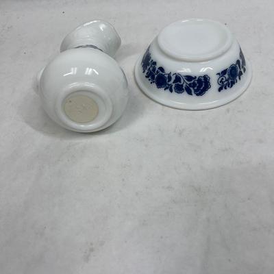 Miniature 5” tall Avon pitcher and bowl bathing set Cobalt blue pattern on white milk-glass