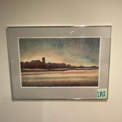 LR7-framed art, colored pencil farm scene