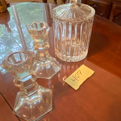 Lot of Pair of Lead Crystal Candle Sticks and Lead Crystal Candy Jar