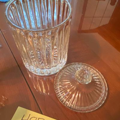 Lot of Pair of Lead Crystal Candle Sticks and Lead Crystal Candy Jar