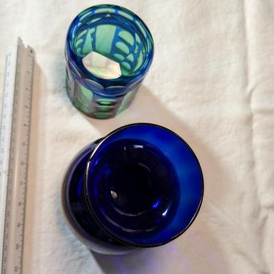 Vintage Cobalt Blue Vase, Bohemian Blue/Green Cup with Lid