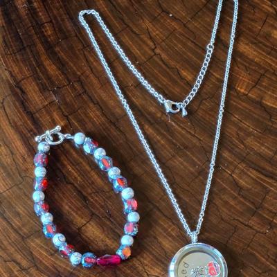 Red Glass Bead Bracelet & Blessed Teacher Necklace