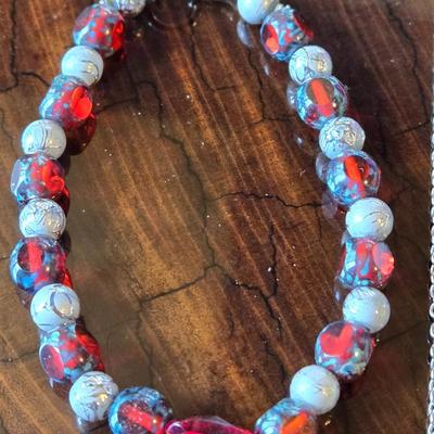Red Glass Bead Bracelet & Blessed Teacher Necklace
