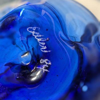 Dan Elder Vintage Blue 4-Lobe Blue Blown Glass Bell Pepper with Green Stem