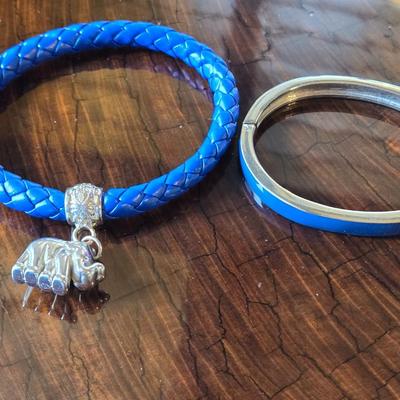 Woven Blue Bracelet with Elephant Charm and Silver Tone & Blue Enamel Hinged Bangle Bracelets