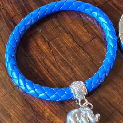 Woven Blue Bracelet with Elephant Charm and Silver Tone & Blue Enamel Hinged Bangle Bracelets
