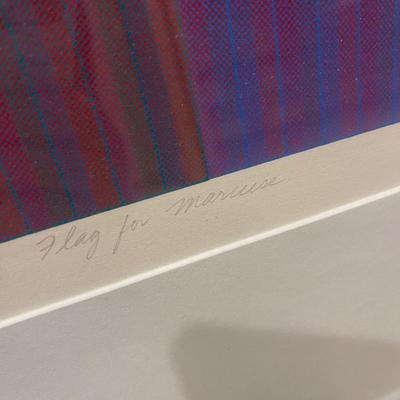 E13-Framed Picasso exhibit poster, and” “flag for marcusframed Picasso exhibit poster and flag for Marcuse” signed