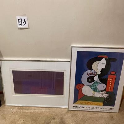 E13-Framed Picasso exhibit poster, and” “flag for marcusframed Picasso exhibit poster and flag for Marcuse” signed