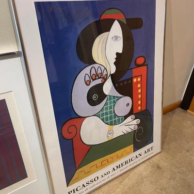 E13-Framed Picasso exhibit poster, and” “flag for marcusframed Picasso exhibit poster and flag for Marcuse” signed