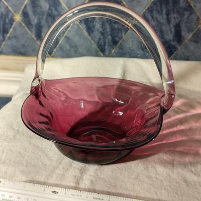 Vintage Hand Blown Glass Cranberry Basket