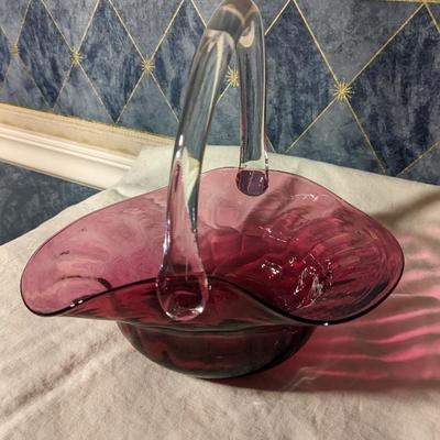 Vintage Hand Blown Glass Cranberry Basket