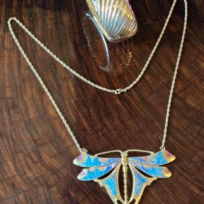 Gold Tone & Enamel Dragonfly Necklace & Gold Tone Hinged Bangle
