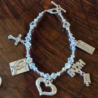 Silver Tone Religious Charm Bracelet & Key and Angel Wing Necklace