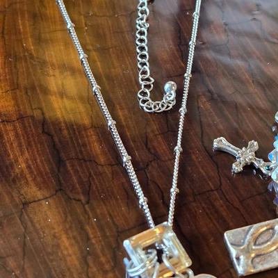 Silver Tone Religious Charm Bracelet & Key and Angel Wing Necklace