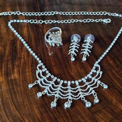 Silver Tone & Crystal Necklace, Earrings, & Ring Set