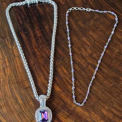Silver Tone Necklace with Purple Stone and the other with Purple Beads
