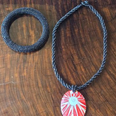 Black Bead Bangle and Necklace with Shell Pendant