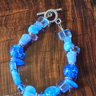 Blue Beaded Necklace with Silver Tone with Blue Stone Pendant and Blue Beaded Bracelet