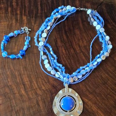 Blue Beaded Necklace with Silver Tone with Blue Stone Pendant and Blue Beaded Bracelet