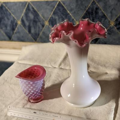 Vintage Fenton Peach Crest Vase, Cranberry Opalescent Hobnail Bud Vase