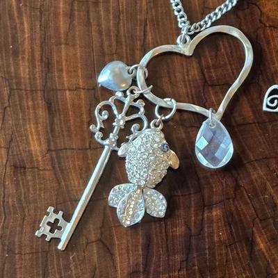 Silver Tone Heart Charm Bracelet & Key and Fish Necklace