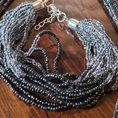 Multi-strand Black Beaded Necklace and Bracelet