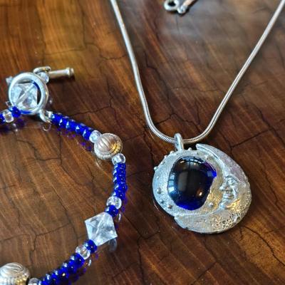 Sterling Necklace with Moon & Blue Glass Stone Pendant and Blue Beaded Bracelet