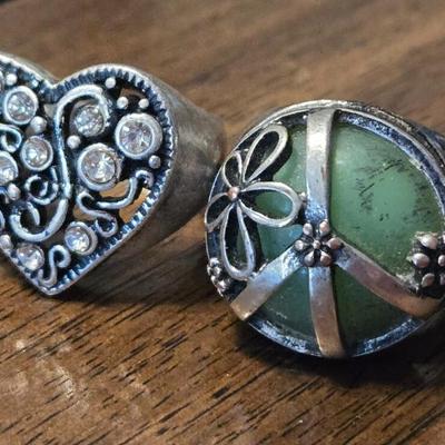 Silver Tone Heart and Peace Sign Rings