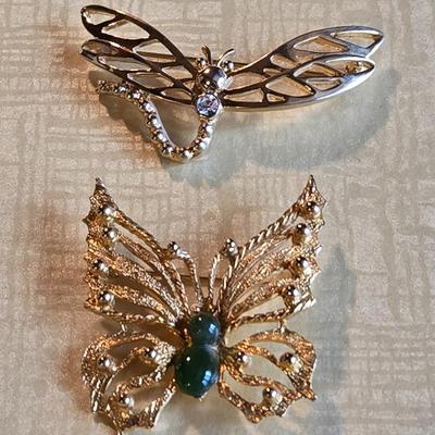 Butterfly and Dragonfly Gold Tone Brooches