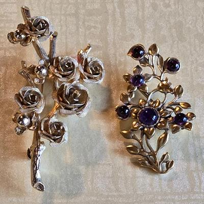 Rose Bush and Flower with Blue Stone Brooches