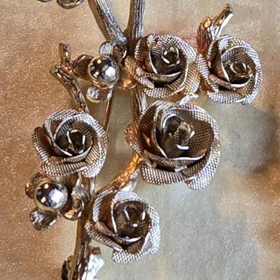 Rose Bush and Flower with Blue Stone Brooches