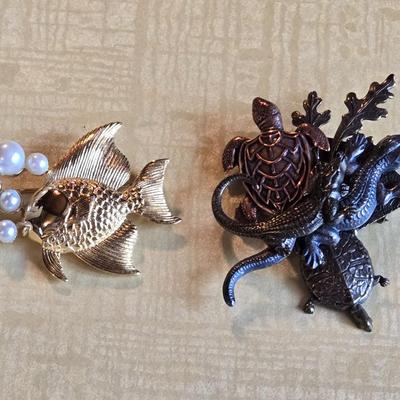 Fish & Pearls and Turtles & Lizards Brooches